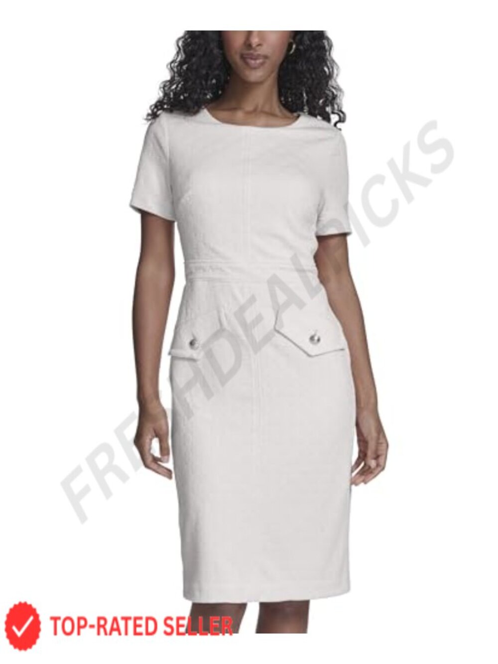 Tweed Mini Sheath Dress Short Sleeve Round Neck Button Detail
